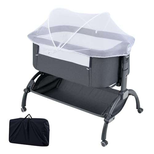 GYMAX Baby Bedside Crib, Foldable Infant Side Cot with Canopy, Carry Bag, Storage Basket Mattress and Wheels, Heights Adjustable Toddler Co-Sleeping Bed for Newborns (Gray)