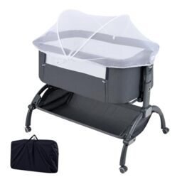 GYMAX Baby Bedside Crib, Foldable Infant Side Cot with Canopy, Carry Bag, Storage Basket Mattress and Wheels, Heights Adjustable Toddler Co-Sleeping Bed for Newborns (Gray)