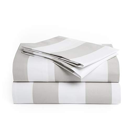Peru Pima 415 Thread Count Percal California King Sheet Set - 100% Peruvian Pima Cotton, 4 Piece (Flat, Fitted, 2 Pillowcases) - Cooling, Crisp, Deep Pocket, Hotel Quality Bedding - Bold Stripe Grey