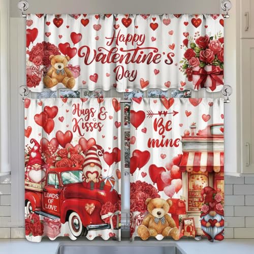Breling 3 Pcs Valentine's Day Kitchen Curtains Valances and Tiers Set for Window Heart Balloon Rose Bear Arrow Romantic Decor Short Curtain Set for Bedroom Window Treatment Decor Party Favor Supplies