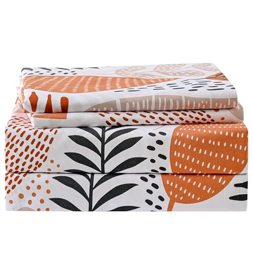 "Yibeizi Boho Leaves Printed Sheet Set King, Botanical Pattern Bed Sheets Microfiber Bedding Sheets & Pillowcases Soft 15"" Extra Deep Pocket Fitted Bedsheet 4 Piece"
