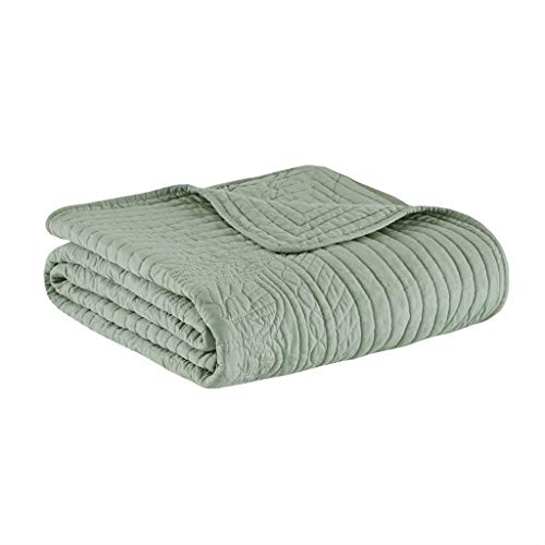 Madison Park Luxe Quilted Throw Blanket - Damask Stitching Design, Cotton Filled Spread, Ultra Soft, Cozy Bedding for Living Room Couch, Sofa, Bed, 60x72, Scalloped Borders Seafoam