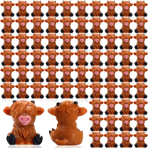Lineshading 100 Pcs Mini Highland Cow Figurines - Bulk Miniature Resin Cow Sculpture Cake Decorations - Cute Micro Landscape Office Garden Desk Party Tabletop Decor