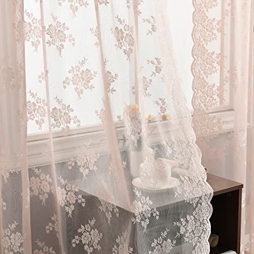 Kotile Blush Pink Lace Curtains 274 cm Long Vintage Floral Blush Sheer Curtains for Girls Bedroom Stick Pocket Privacy Protection Wavy Lace Curtains 2 Panels 132 x 274