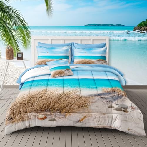 MOVE OVER Coastal Comforter Set King Size 8 Pcs Bed in A Bag Beach Themed Bedding Set for Kids Girls Boys and Adults Ocean Down Comforter Set Blue Sea and Sky Island Scenery Bedding with Sheet Set