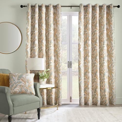 "Laurence Llewelyn-Bowen - Ochre/White Tropical Palm Tree Curtains W66 x L54"" (168 x 137cm) - Jacquard Curtains w/Floral Leaf/Fern - Luxury Drapes for Living Room/Bedroom- Paradise Palm Collection"