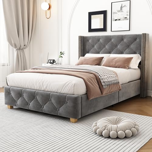 Ball & Cast Velvet Upholstered 3FT Single Bed Frame, Elegant Bed w/Reinforced Slatted Base, Classic Button-Tufted Headboard, Wooden Legs,No Spring Box needed,90x190cm, Grey