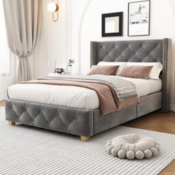 Ball & Cast Upholstered 3FT Single Bed Frame, Elegant Bed w/Reinforced Slatted Base, Classic Button-Tufted Headboard, Stylish Rivet Upholstery, Wooden Legs,No Spring Box needed,90x190cm,Velvet, Grey