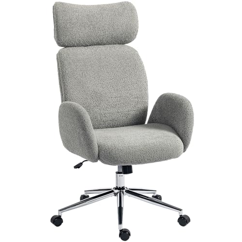 HOMCOM Office Chair with Adjustable Headrest, Spring Pack, Curved Line, Swivel Desk Chair with High Back, Boucle Fabric, Tilting Function, Adjustable Height for Home, Charcoal Grey