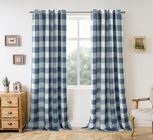 DriftAway Buffalo Plaid Blackout Curtains Grommet 2 Panels W52 x L90, Navy - Blackout, Gingham Checker Pattern, for Bedroom Living Room Nursury, Thermal Insulated, Linen Texture, Thermal Insulated Drape