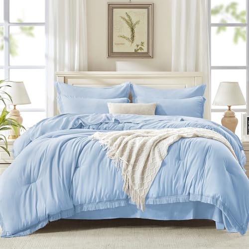 Andency King Comforter Set, 7 Pieces Light Blue Bedding - Boho Bed in a Bag, Soft Lightweight, Fringe Bed Set with Comforter(104x90), Sheets, Pillowcases & Shams