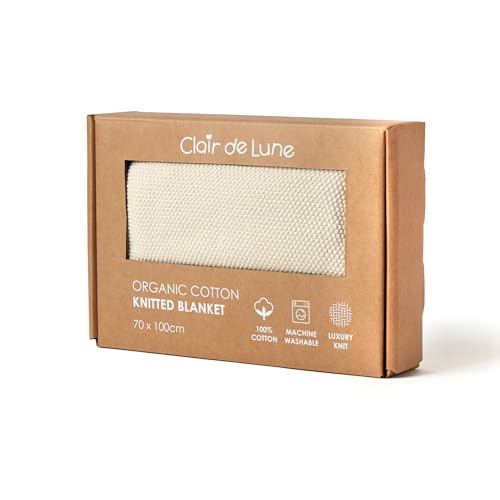 Clair de Lune Organic Knitted Blanket Soft and Cosy for Baby Pram/Car Seat 70 x 100 cm (Cream)