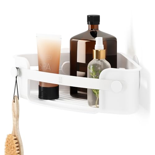 Umbra Flex Adhesive Shower Corner Shelf for Bathroom, White - Strong adhesive backing, secure wall attachment, easy installation