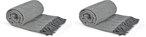 Emma Barclay Herringbone - Recycled Cotton Patterned Chair Sofa Setee Bed Throw Over Blanket in Silver Grey - 50x60 (127x152cm) (Pack of 2)