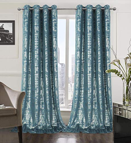 always4u Soft Velvet Curtains 108 Inch Length Long Luxury Bedroom Curtains Silver Foil Print Window Treatments for Living Room Set of 2 Teal