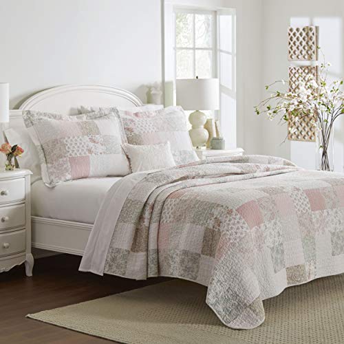 Laura Ashley Reversible Cotton Bedding with Matching Sham(s), Inspired Home Decor, 100%, Celina Patchwork Pink/Sage, Queen