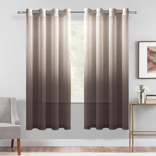 DWCN Faux Linen Ombre Sheer Curtains - Semi Voile Grommet Top Curtains for Bedroom and Living Room, Set of 2 Gradient Window Curtain Panels, 52 x 63 Inch Length, Chocolate Brown