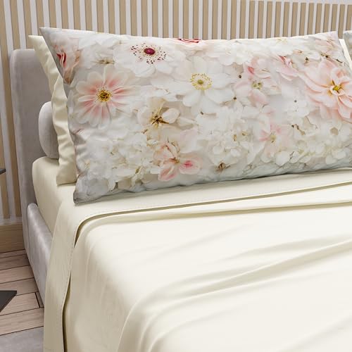 PETTI Artigiani Italiani - Cotton Sheets with Pillowcases in Digital Print, Single Bed Sheet, Single Bed Set, Floral 21 Cream 100% Made in Italy