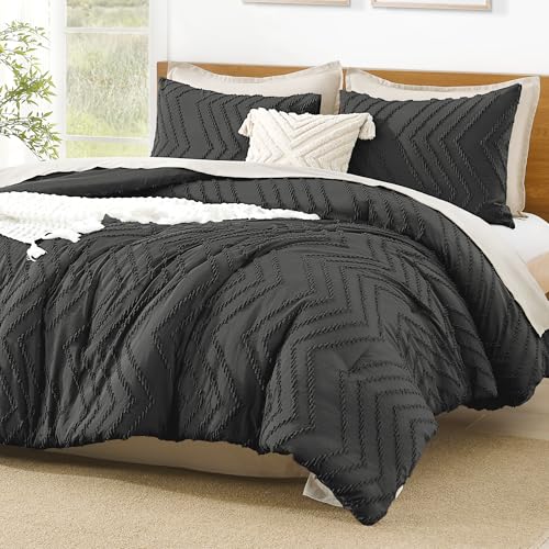 Litanika Oversized King Comforter Set, 3 Pcs Boho Tufted Bedding Set - Dark GreyNeutral Lightweight Fluffy Chevron Textured Bohemian Bedding Set Gift Choice