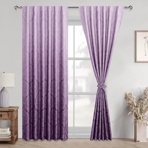 DWCN Royal Purple Ombre Room Darkening Curtains for Bedroom - Back Tab Elegant Damask Design Thermal Insulted Window Drapes with Tiebacks Light Blocking Curtains for Living Room, 2 Panels, W52 x L84