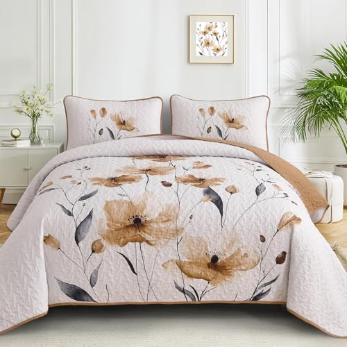 "Mybedsoul Floral Quilt Set King Size, 3 Pieces Brown Bedspread Coverlet Set, Lightweight Farmhouse Botanical Bedding Set for Fall Winter All Season(104""x90"")"