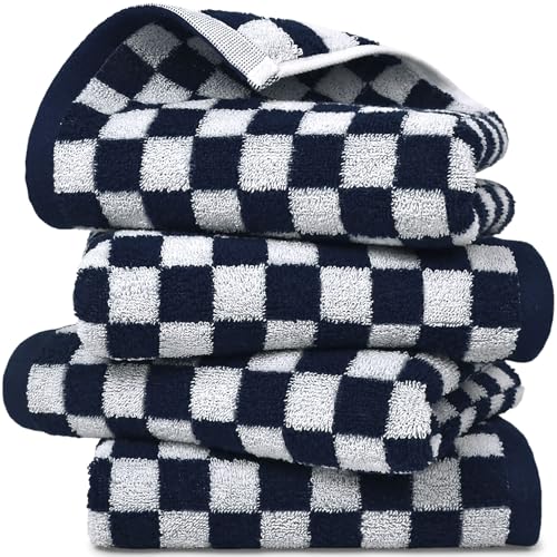 Hand Towels for Kitchen Checkered 4-Pack, Navy Blue Towels for Bathroom Coastal & Neutral, Lightweight Absorbent Cotton Face Towels for Relaxed Use, 13x29 Inches