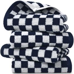 Hand Towels for Kitchen Checkered 4-Pack, Navy Blue Towels for Bathroom Coastal & Neutral, Lightweight Absorbent Cotton Face Towels for Relaxed Use, 13x29 Inches