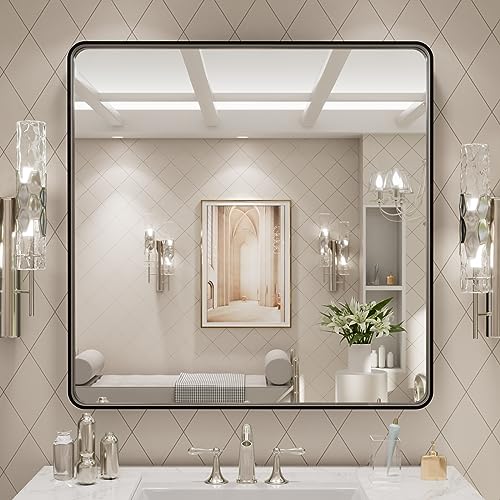 LOAAO 30x30 inch Black Metal Frame Bathroom Mirror for Wall Matte Black Bathroom Vanity Mirror Farmhouse Large Rounded Rectangle Rustproof Tempered Glass Hanging