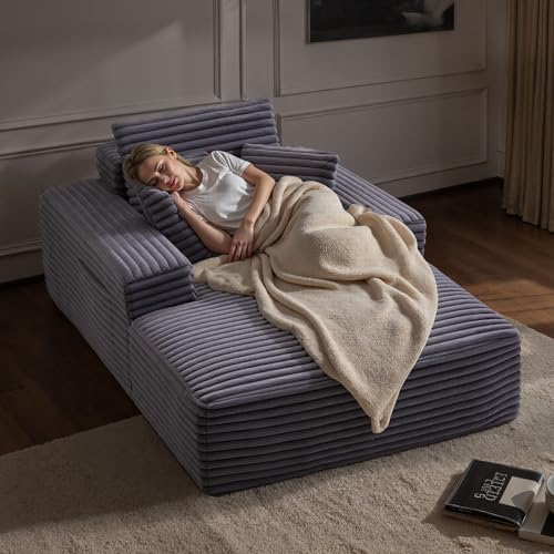 VEVOR Chaise Lounge Chair, 1380 mm Boneless Chaise Lounge Indoor, Modern Upholstered Oversized Reading Chair with Throw Pillows & Armrests, Sofa Couch Deep Seat Sleeper for Living Room, Bedroom, Grey