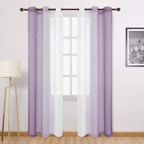 DWCN Ombre Sheer Curtains - 84 inches Long Faux Linen Gradient Semi Voile Curtains for Bedroom and Living Room, Set of 2 Grommet Top Window Curtain Panels, 42 x 84 Inches Long, Lavender