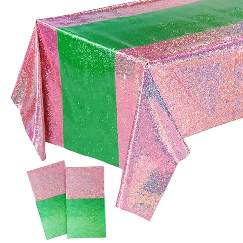Oudain 2 Pcs Witch Princess Theme Party Pink & Green Holographic Party Tablecloth 54 x 108 Inch Plastic Rectangle Tablecloth Waterproof Table Cover for Witch Princess Theme Birthday Decoration