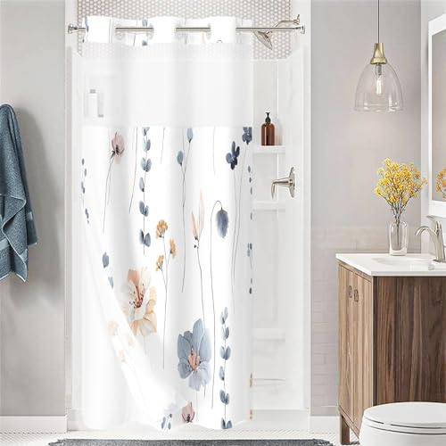 "Gibelle Small Stall No Hook Floral Shower Curtain with Snap-in Fabric Liner Set - 36"" x 74""(72""), Hotel Style Blue Beige Flower Shower Curtain with See Through Top Window, Waterproof & Washable"