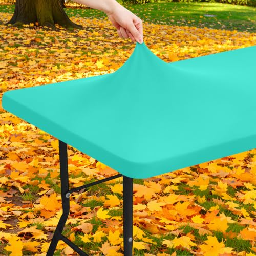 "Moosfor Spandex 8 Foot Rectangle Table Cloth, Elastic Fitted Tablecloths for Picnic, Stretch Washable Patio Table Cover for Outdoor, Camping, Banquet and Parties (Aqua Blue, 30""x96"")"