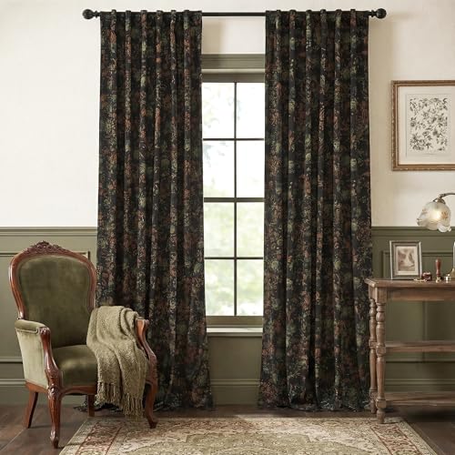 StangH Black Floral Velvet Curtains 102 inches Long, Super Soft Retro Printed Window Drapes with Back Tab Light Blocking Luxury Home Decor for Bedroom Living Room, W52 x L102, 2 Panels