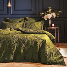 Paoletti Palmeria Quilted Duvet Cover Set – Luxe Embroidered Velvet Bedding (Moss – Single)