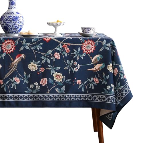 "patdrea Designer Blue Chinoiserie Tablecloth,Navy French Velvet Floral with Birds Pattern Table Cloth for Square Tables,Decoration Table Cover for Kitchen Dining Thanksgiving Christmas,55""*55"""