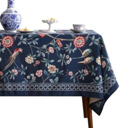 "patdrea Designer Blue Chinoiserie Tablecloth,Navy French Velvet Floral with Birds Pattern Table Cloth for Square Tables,Decoration Table Cover for Kitchen Dining Thanksgiving Christmas,55""*55"""