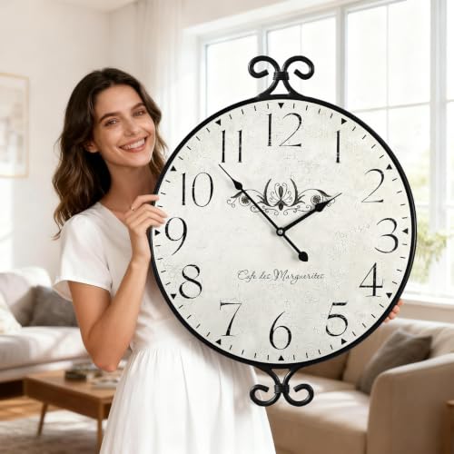 JUMBO DECOR 30 Inch Wall Clock for Living Room, Extra Large Farmhouse Wall Clock, Wrought Iron Frame with Warm Gray Finish, Silent Battery Operated Clocks for Living Room, Kitchen, Home Decor