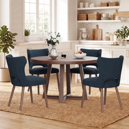 MALOL Upholstered Dining Chairs Set of 4, Dining Room Chairs with Hollow Backrest, High Back Kitchen Chairs with Solid Wood Legs, Thick Seat Cushion, Anti-Slip Pads, Dark Blue