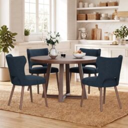 MALOL Upholstered Dining Chairs Set of 4, Dining Room Chairs with Hollow Backrest, High Back Kitchen Chairs with Solid Wood Legs, Thick Seat Cushion, Anti-Slip Pads, Dark Blue
