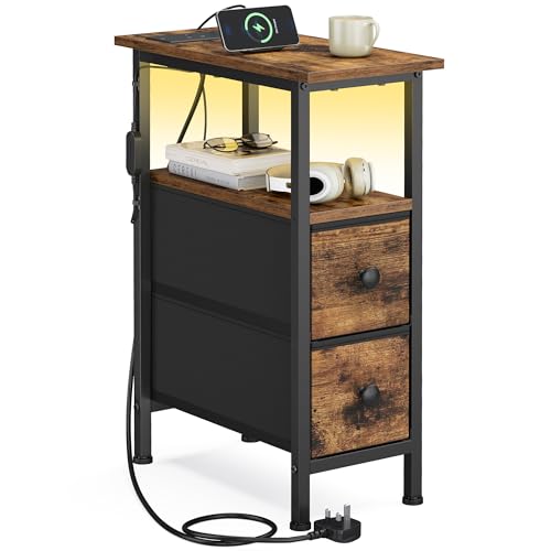 SONGMICS BELLAH Collection – Side End Table, Bedside Table with Charging Station, LED Lighting, 2 Drawers, for Living Room, Bedroom, Rustic Brown LGS002K103