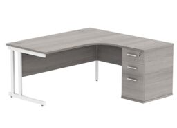 Office Hippo Heavy Duty Right Corner Radial PC Office Desk With Storage, 3 Drawer A4 and Foolscap Filing Pedestal, Silver Frame, Alaskan Grey Oak Top, 160 x 160.4 x 73 cm