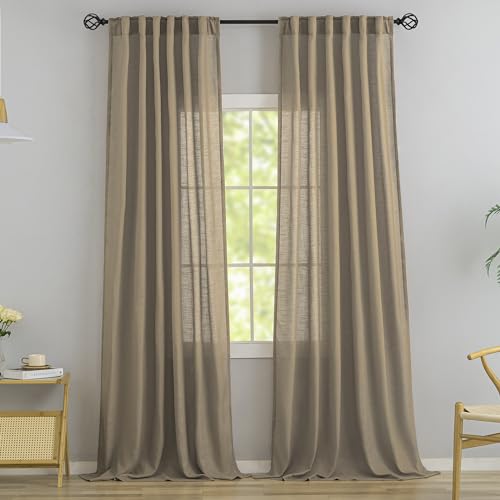"Rustic Livingroom 108 Inch Length Linen Textured Curtains,2 Panels Back Tab Hooks Belt Track Burlap Flax Weave Light Filtering Semi Sheer Drapes,9FT Extra Long Curtains for High Window,Taupe,52""x108"""