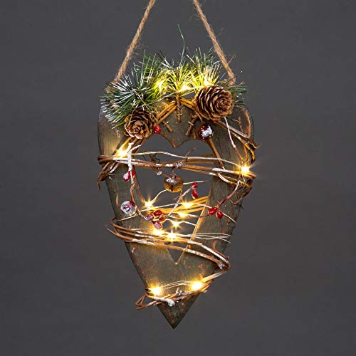 Green Wooden LED Heart Hanging Ornament Christmas Holiday Home décor with 15 Warm white LEDs, 12 * 19h cm, SHATCHI