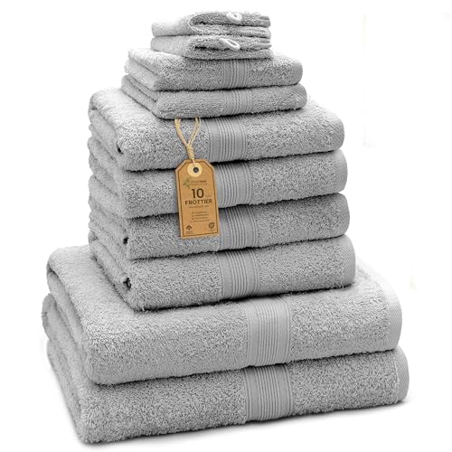 Green Mark Textiles 10 Piece Terry Towel Set with Various Sizes 4x Hand Towels 2x Bath Towels, 2 Hand Towels, 2 Face Cloths Colour: Silver Grey - Premium Quality