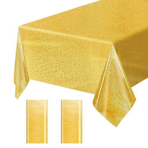 "FALIZIFU 2 pcs Gold Holographic Tablecloths Shiny Disco Table Cloths 54"" x 108"" Iridescence Plastic Gold Table Cover for Birthday Party Decoration Wedding"