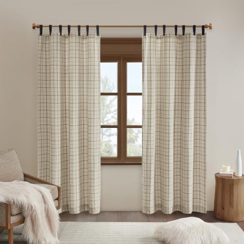 "Madison Park Anaheim Cabin Plaid Curtain Window, Thermal Insulated Fleece Lining, Living Room Decor Room Darkening Drape for Bedroom, 1-Single Panel Pack, 50"" x 84"", Faux Leather Tab, Natural"
