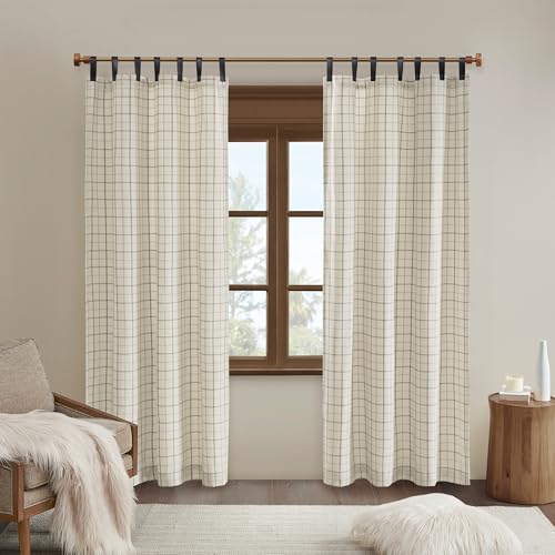 "Madison Park Anaheim Cabin Plaid Curtain Window, Thermal Insulated Fleece Lining, Living Room Decor Room Darkening Drape for Bedroom, 1-Single Panel Pack, 50"" x 84"", Faux Leather Tab, Natural"