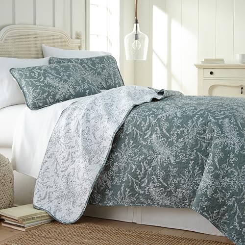 Southshore Fine Living, Inc. Reversible Quilt, Floral Quilt King Size, 3-Piece Lightweight Bedspread Coverlet Set with Two Matching Quilted Pillow Shams, King/California Size, Green (Teal)
