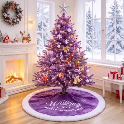 "yuboo Purple Tree Skirt, 36"" Faux Fur Christmas Tree Skirt with Embroidered Snowflakes for Purple Christmas Decorations and Madi Gras Decor"